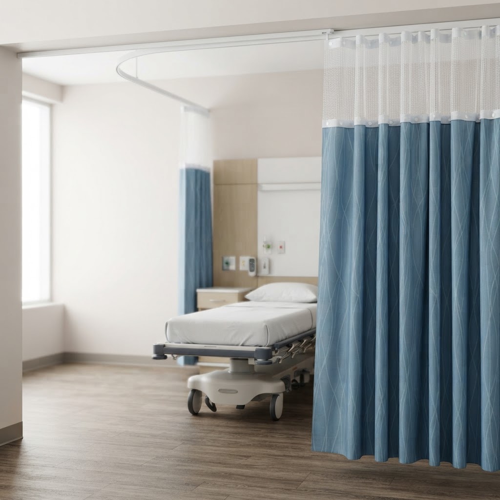 Emergency observation bays with Ocean PURUS privacy curtains, white mesh headers and snap-fit joining buttons. Illustrative care environment.